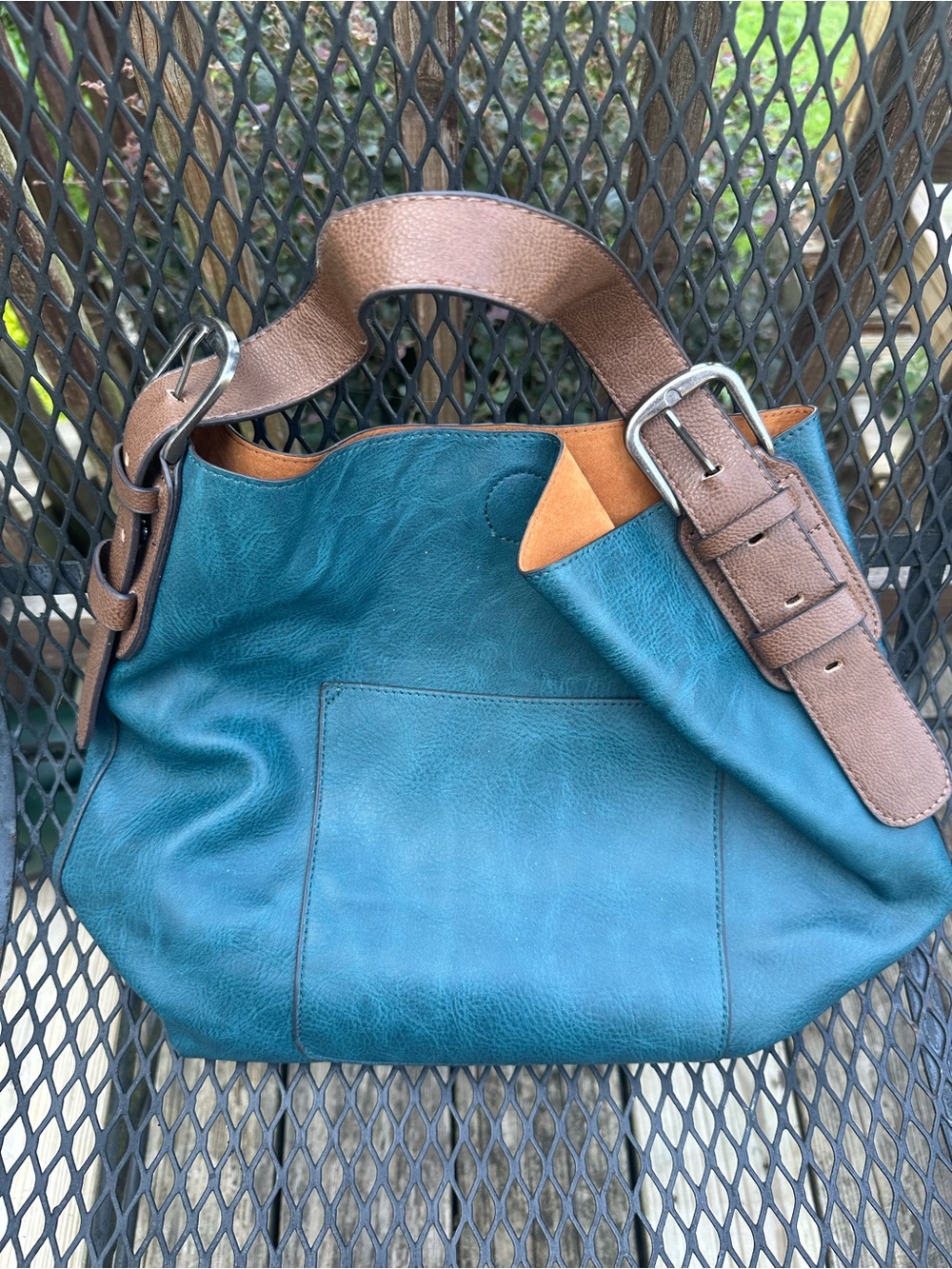 Blue Leather Hobo Bag with Brown Strap